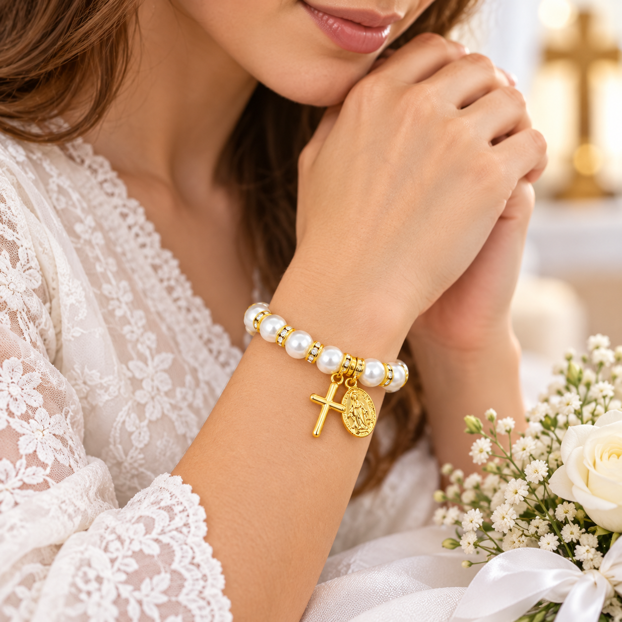 Pulsera de Perlas con Cruz y Medalla