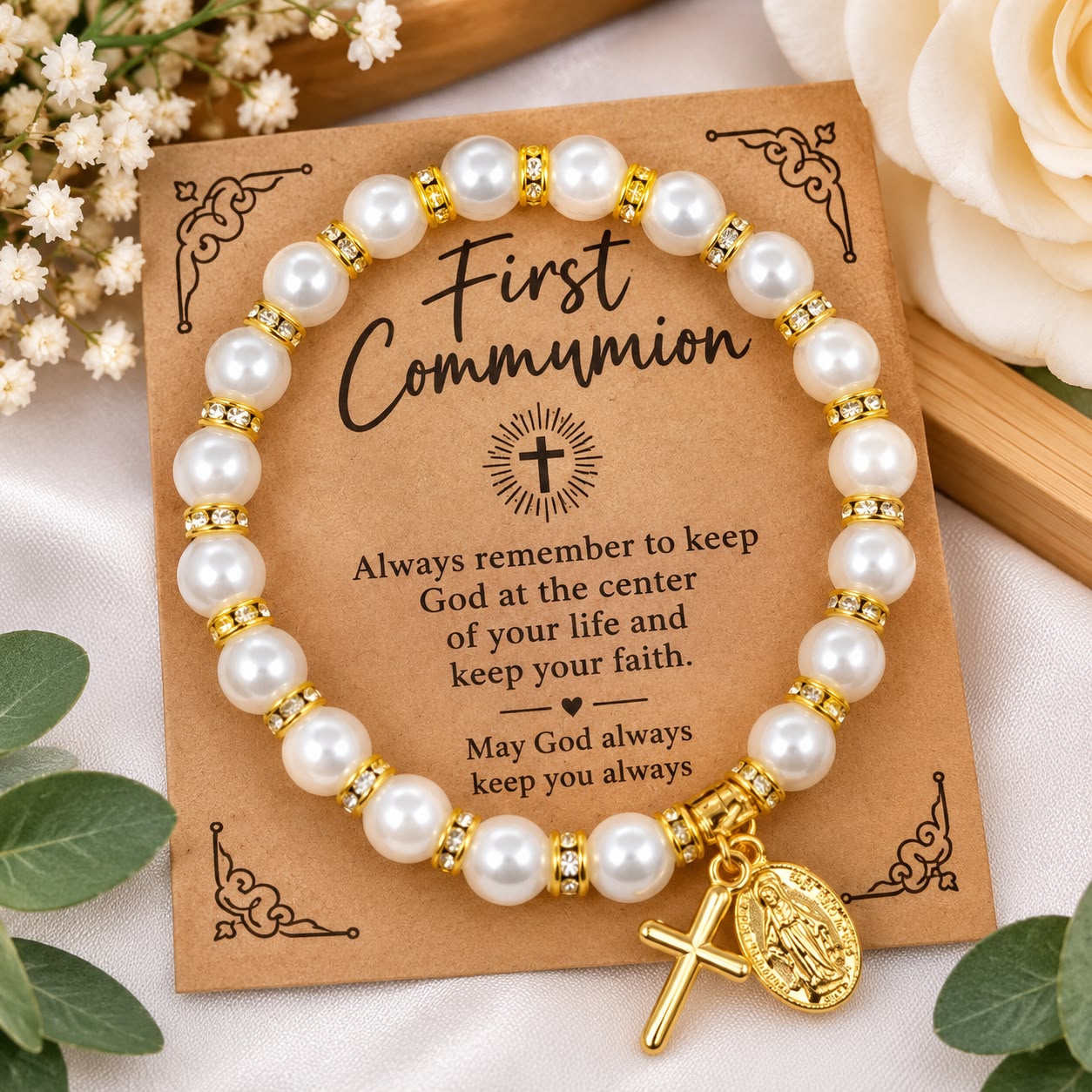 Pulsera de Perlas con Cruz y Medalla - Imagen 2